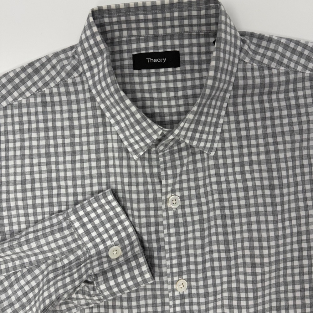 Theory Men's Gingham Check Button Down‎ Shirt Long Sleeve Size Large Gray White
